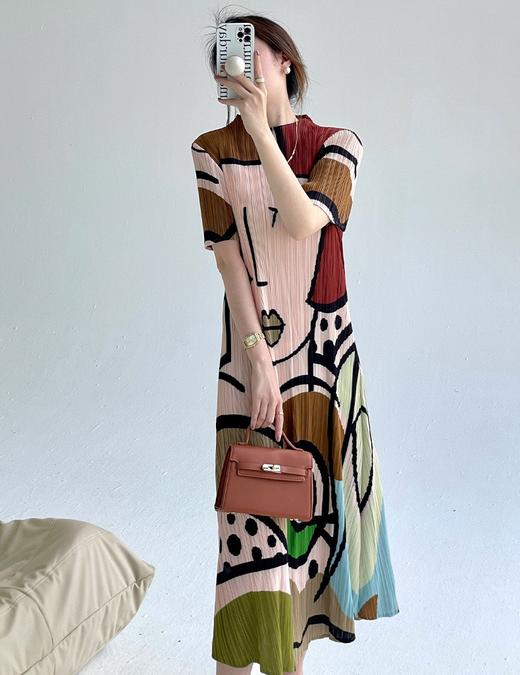 解救炎夏南韩丝天丝亚麻丝三宅抽象图案连衣裙 商品图3