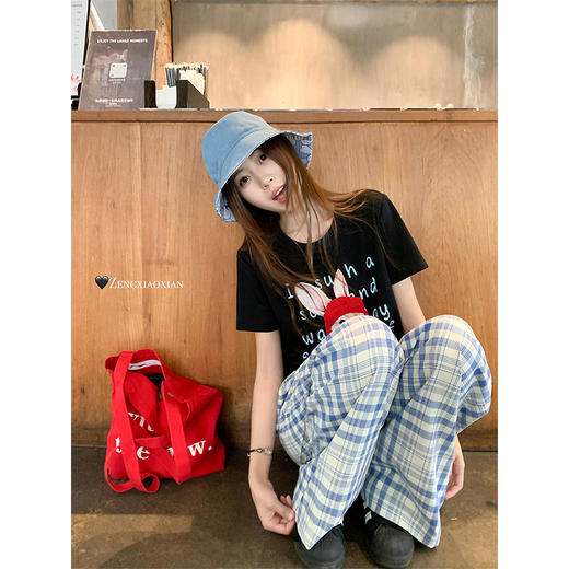 <曾小咸推荐>休闲蓝色格子高腰宽松休闲裤 商品图2