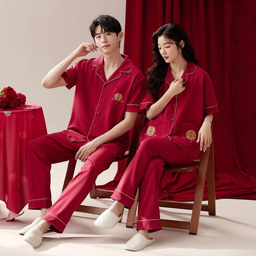 自然醒鸢鸾睡衣结婚新婚情侣套装夏季针织棉短袖长裤本命年红色男女士高级感家居服QH 商品图3