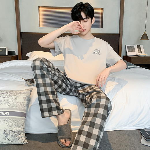 自然醒流素睡衣男士夏季薄款针织棉短袖长裤家居服春秋天青年大码套装QH 商品图1