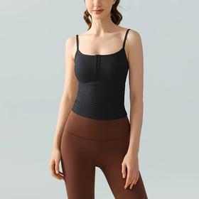 仿震【美背系】黑色四粒扣瑜伽背心女防震跑步显瘦螺纹吊带高弹透气健身上衣-喜出