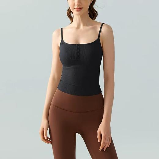 仿震【美背系】黑色四粒扣瑜伽背心女防震跑步显瘦螺纹吊带高弹透气健身上衣-喜出 商品图0