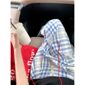 <曾小咸推荐>休闲蓝色格子高腰宽松休闲裤