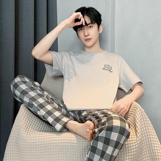 自然醒流素睡衣男士夏季薄款针织棉短袖长裤家居服春秋天青年大码套装QH 商品图6