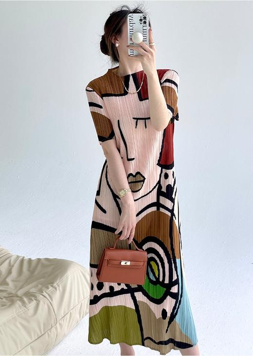 解救炎夏南韩丝天丝亚麻丝三宅抽象图案连衣裙 商品图7