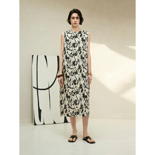 棉仓363616001-初棉复古慵懒风无袖扭结印花背心裙25春夏 商品图4