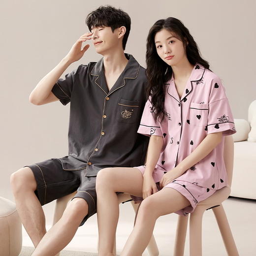 自然醒素香情侣睡衣女夏针织棉短袖短裤开衫韩版卡通加大码男士夏天家居服套装QH 商品图2