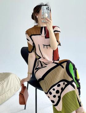 解救炎夏南韩丝天丝亚麻丝三宅抽象图案连衣裙