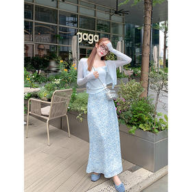 <曾小咸推荐>温柔蕾丝花边蓝色针织开衫两件套