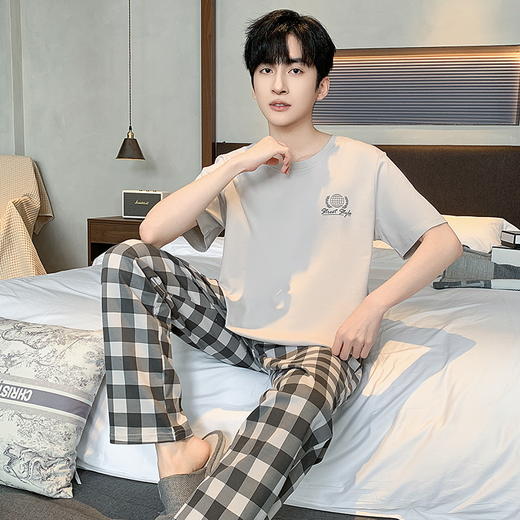 自然醒流素睡衣男士夏季薄款针织棉短袖长裤家居服春秋天青年大码套装QH 商品图5