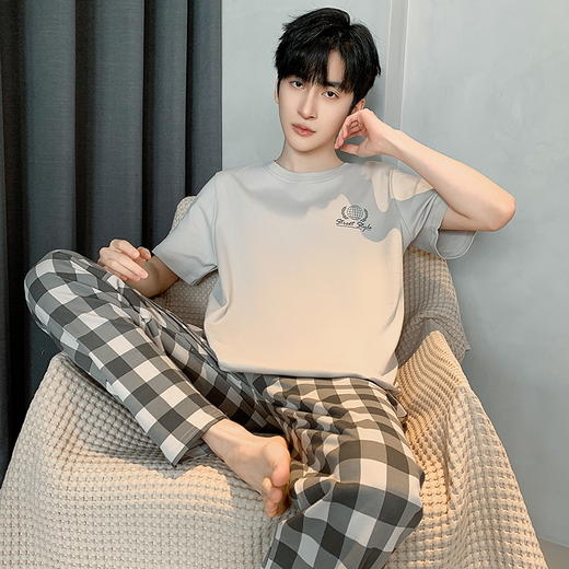 自然醒流素睡衣男士夏季薄款针织棉短袖长裤家居服春秋天青年大码套装QH 商品图4