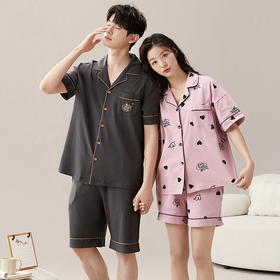 自然醒素香情侣睡衣女夏针织棉短袖短裤开衫韩版卡通加大码男士夏天家居服套装QH