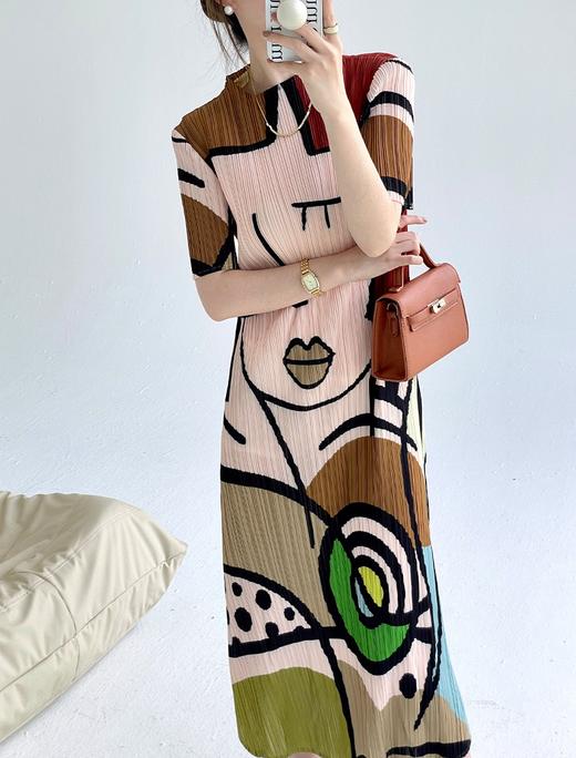 解救炎夏南韩丝天丝亚麻丝三宅抽象图案连衣裙 商品图10