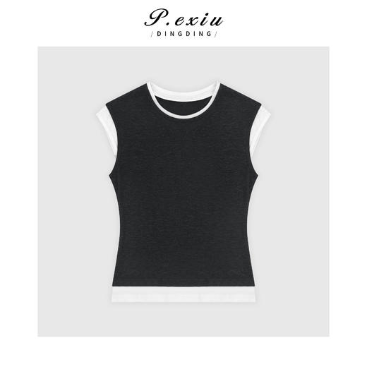 03-4潘依绣丁丁宠粉韩系设计感假两件撞色小飞袖T恤 WH00318 商品图1