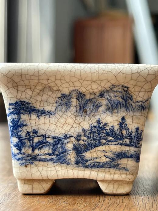 开片瓷青花绘山水四方花盆，顺丰包邮 商品图1