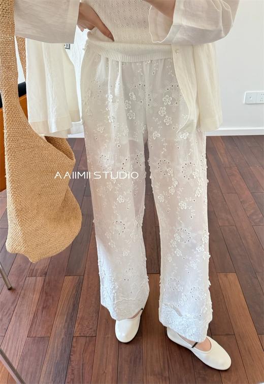 小众法式简约刺绣松紧腰挽花边直筒裤 商品图8