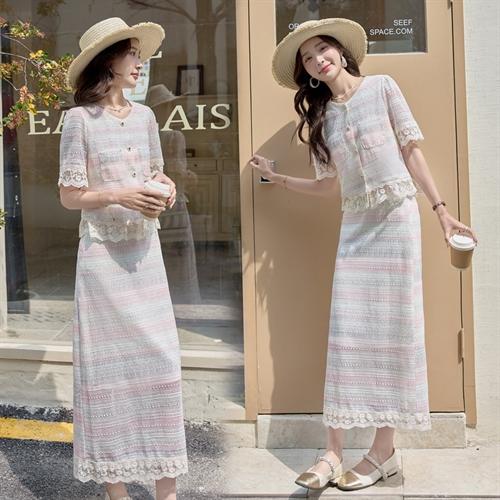 法式超好看蕾丝拼接，短袖上衣长裙套装HR-LMJY6918 商品图3