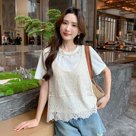 奢姿大码女装2025夏季减龄饰品镂空设计时尚两件套胖妹妹上衣套装9952990441 商品图0