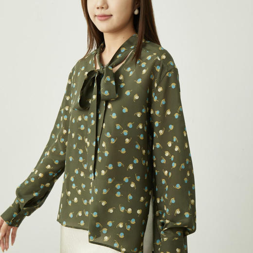 「K」洛诗琳13720气质真丝印花上衣2025夏季新款桑蚕丝飘带衬衫女22279 商品图0