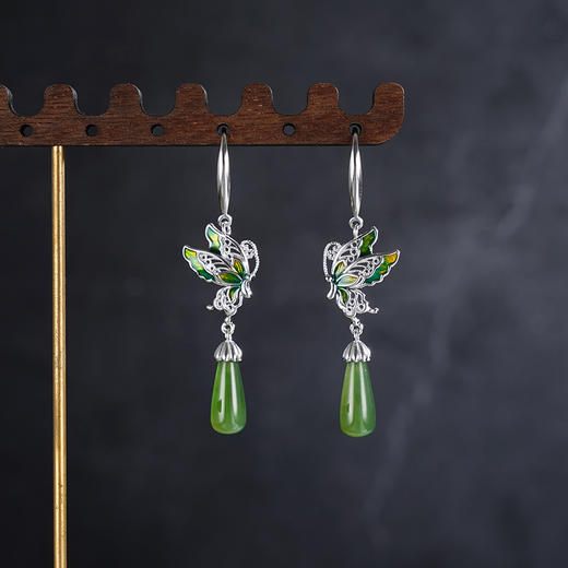 子佩集S925银【翠蝶千寻】耳环【EG02244】纯银和田碧玉蝴蝶珐琅彩2504 商品图1