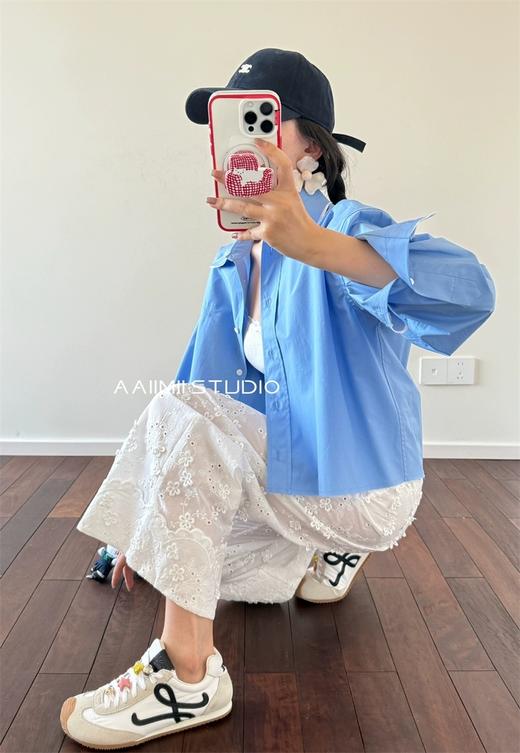 小众法式简约刺绣松紧腰挽花边直筒裤 商品图6