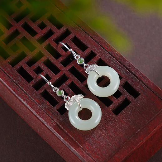 子佩集S925银【杏福欢喜】耳环【EG01886】纯银和田玉银杏平安扣2504 商品图1