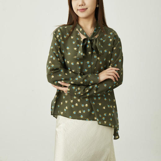 「K」洛诗琳13720气质真丝印花上衣2025夏季新款桑蚕丝飘带衬衫女22279 商品图1