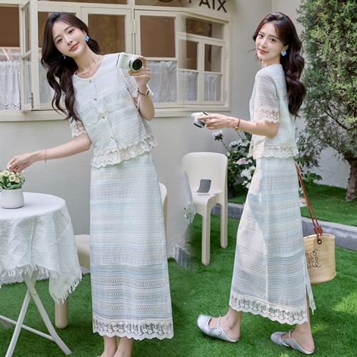 法式超好看蕾丝拼接，短袖上衣长裙套装HR-LMJY6918 商品图2