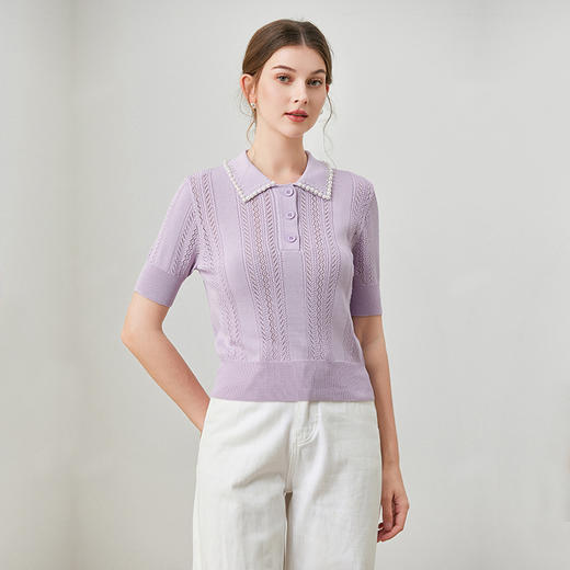 「自」全新升级【铂金会员220/天猫299/差价79】(00147)洛诗琳新款法式纽扣半开胸套头钉珠翻领短袖优雅针织上衣 商品图1