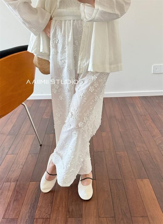 小众法式简约刺绣松紧腰挽花边直筒裤 商品图10