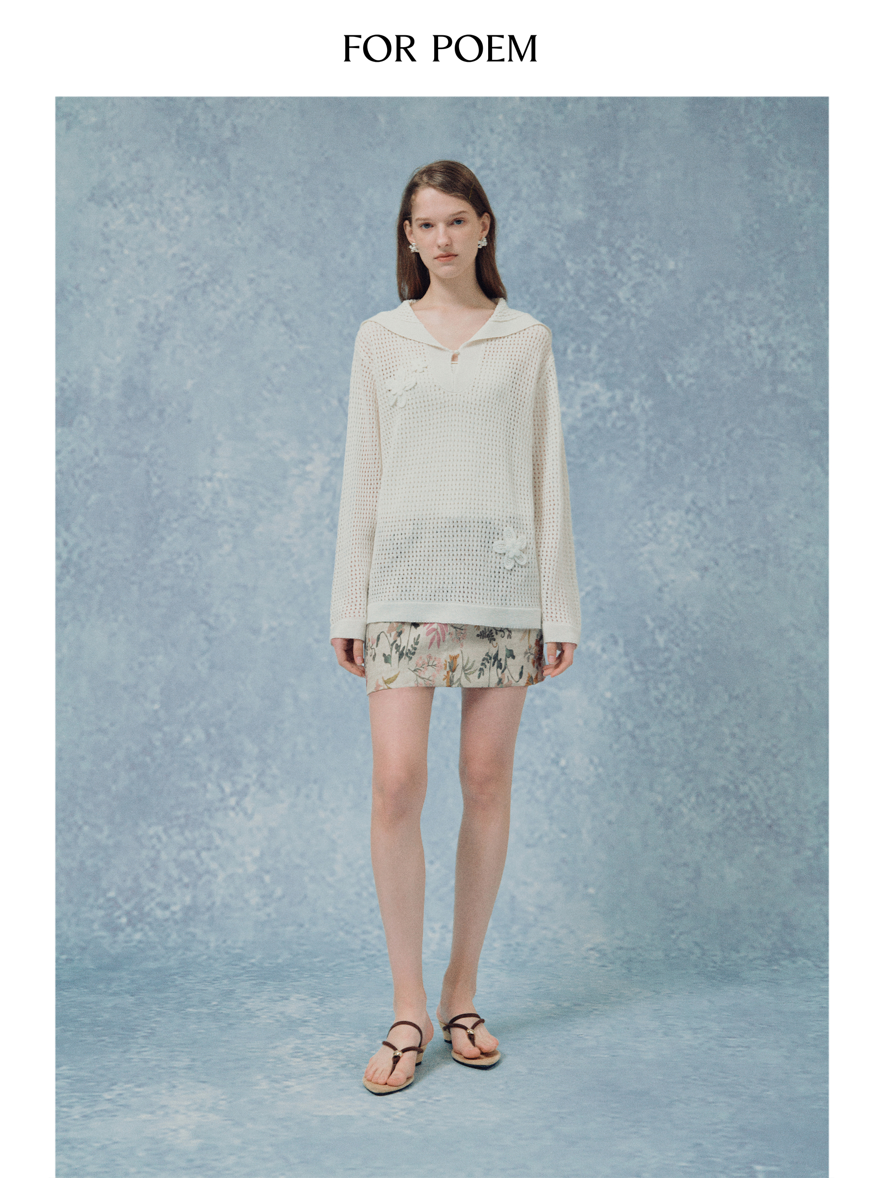 ForPoem 现货 25/SS原创设计海军领立体花亚麻镂空钩针长袖防晒罩衫