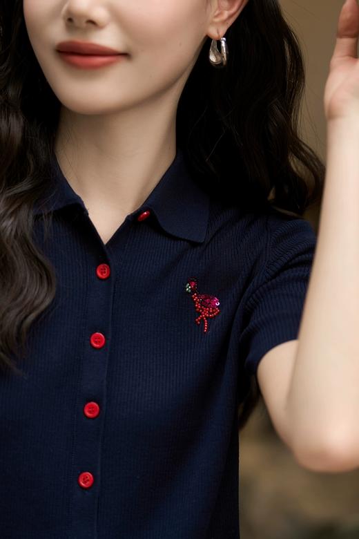 哥弟超细美丽诺桑蚕丝薄软抗起球手工珠片火烈鸟polo衫 商品图4