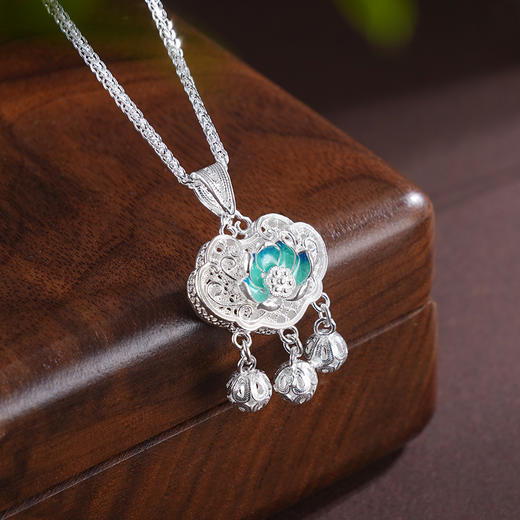 子佩集S990银【清莲浅梦】套链【MXTL028】纯银花丝锁珐琅彩莲花小号项链2504 商品图3