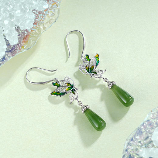 子佩集S925银【翠蝶千寻】耳环【EG02244】纯银和田碧玉蝴蝶珐琅彩2504 商品图4