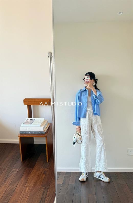 小众法式简约刺绣松紧腰挽花边直筒裤 商品图4