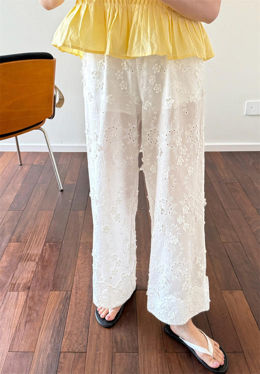 小众法式简约刺绣松紧腰挽花边直筒裤 商品图13