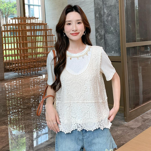奢姿大码女装2025夏季减龄饰品镂空设计时尚两件套胖妹妹上衣套装9952990441 商品图4