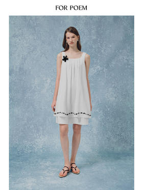 ForPoem 现货 25/SS原创设计假两件方领可拆卸花朵胸针刺绣连衣裙