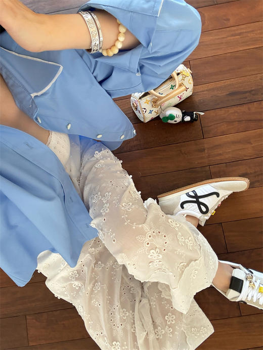 小众法式简约刺绣松紧腰挽花边直筒裤 商品图5