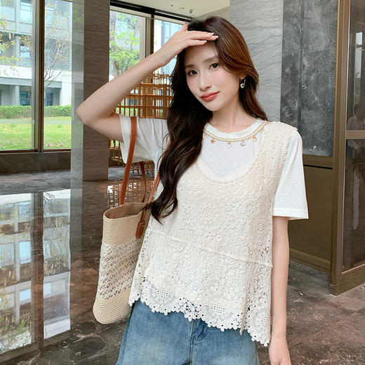 奢姿大码女装2025夏季减龄饰品镂空设计时尚两件套胖妹妹上衣套装9952990441 商品图2