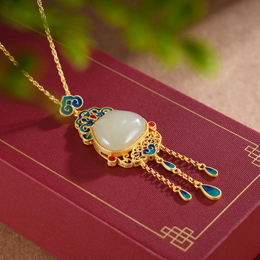 子佩集S925银【华年永续】套链【DZ05249】纯银和田玉镀金珐琅彩项链2504 商品图2