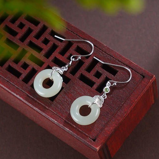 子佩集S925银【杏福欢喜】耳环【EG01886】纯银和田玉银杏平安扣2504 商品图3