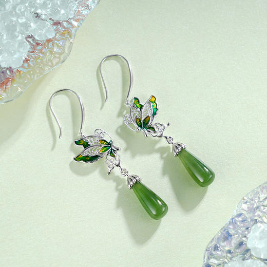 子佩集S925银【翠蝶千寻】耳环【EG02244】纯银和田碧玉蝴蝶珐琅彩2504 商品图2