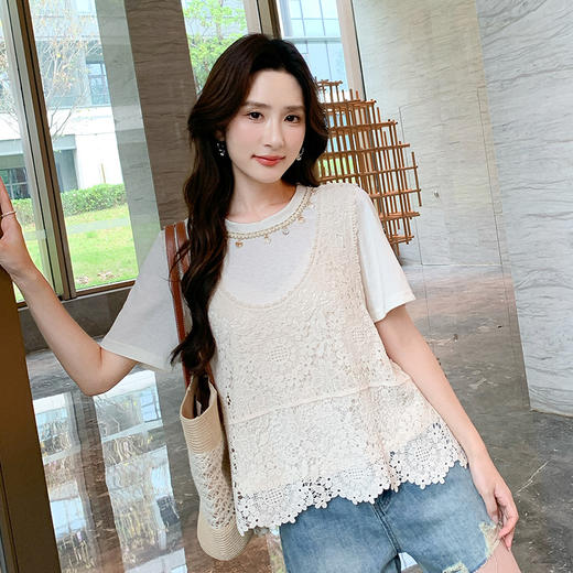奢姿大码女装2025夏季减龄饰品镂空设计时尚两件套胖妹妹上衣套装9952990441 商品图3