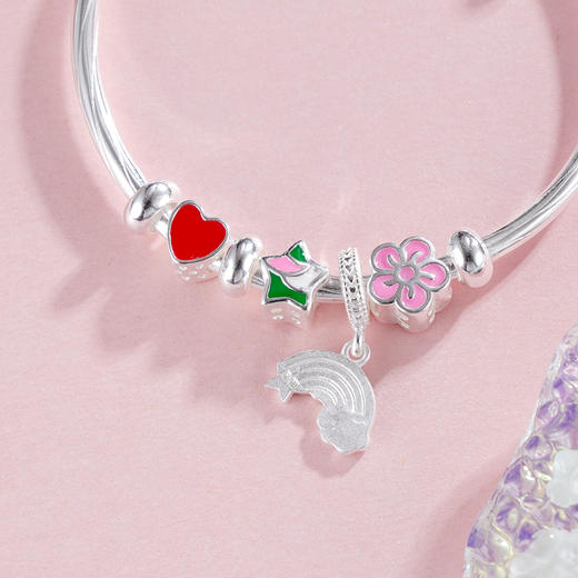 子佩集S999银【七彩童年】童镯【ZZSZ002】纯银爱心粉花彩虹星星2504 商品图6