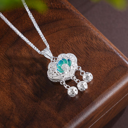 子佩集S990银【清莲浅梦】套链【MXTL028】纯银花丝锁珐琅彩莲花小号项链2504 商品图1