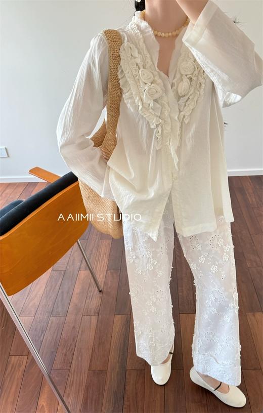 小众法式简约刺绣松紧腰挽花边直筒裤 商品图11