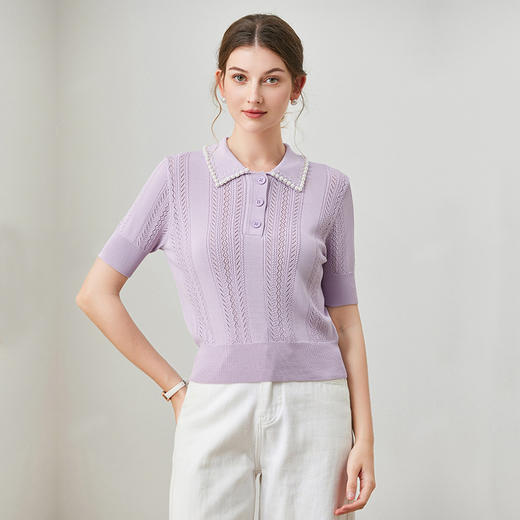 「自」全新升级【铂金会员220/天猫299/差价79】(00147)洛诗琳新款法式纽扣半开胸套头钉珠翻领短袖优雅针织上衣 商品图2