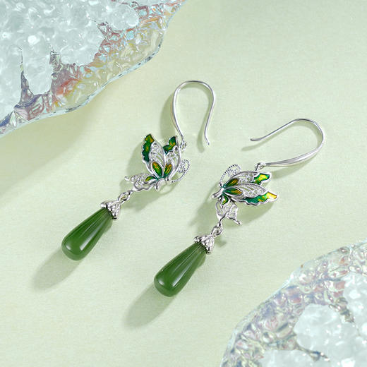 子佩集S925银【翠蝶千寻】耳环【EG02244】纯银和田碧玉蝴蝶珐琅彩2504 商品图3