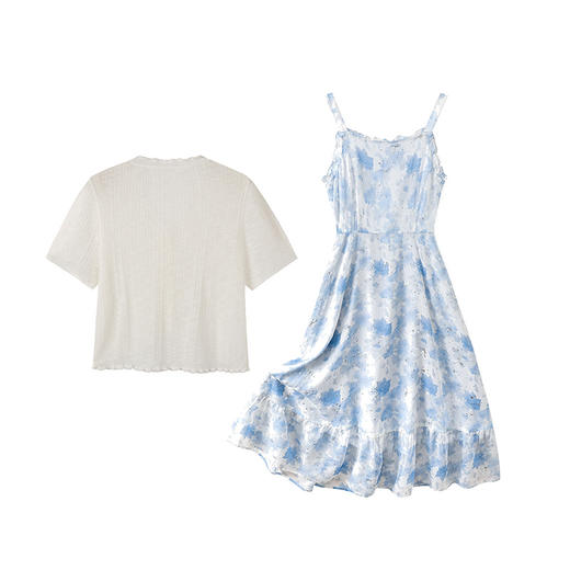 奢姿大码女装2025夏季时尚蝴蝶结印花吊带裙减龄针织开衫两件套装9852990561AB 商品图1